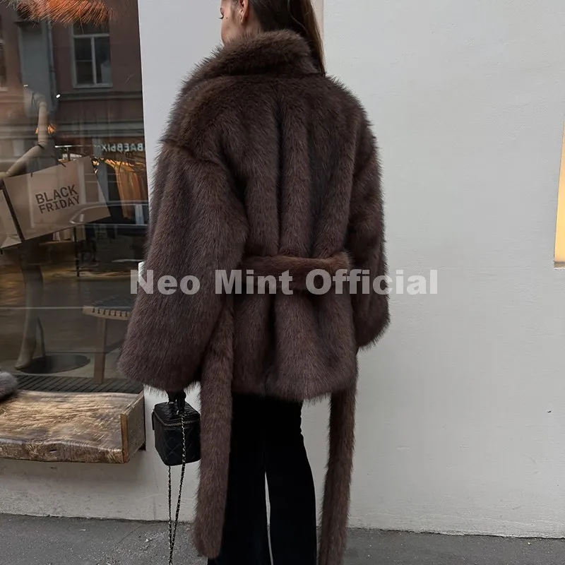 Neo Mint Winter 2026 New Stylish Mocha Brown Belted Wrap Fur Coat Women Street Fashion Girls Fluffy Faux Fox Fur Jacket Overcoat