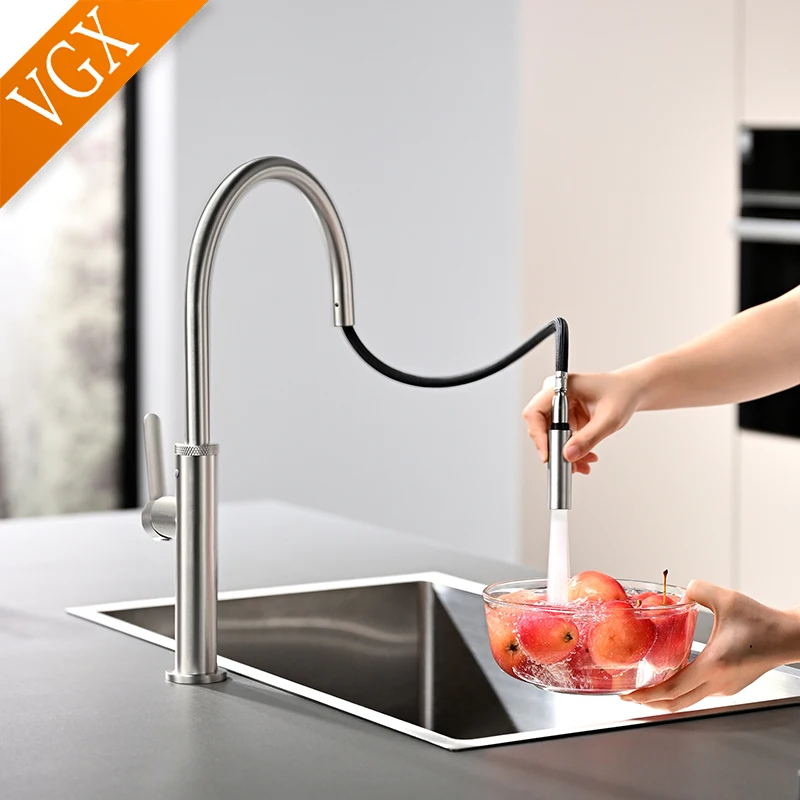 VGX Kitchen Faucet Stainless Steel Sink Faucets Pull Out Stream Sprayer Taps Brushed Rotatable Kitchen Mixer Water Tap Crane