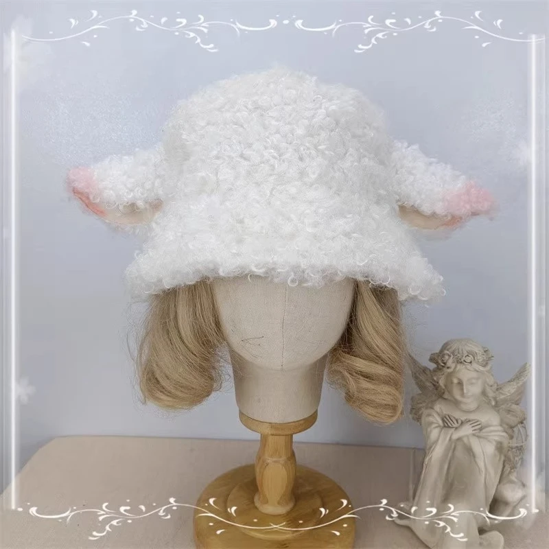 

Домашняя новая вьющаяся шерстяная шапка с ушками ягненка, милая и милая рыбацкая шапка из овечьей шерсти в стиле Лолиты