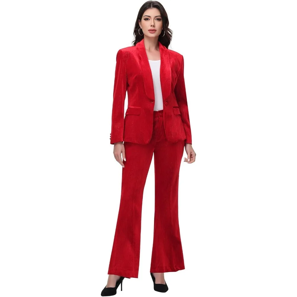 

Women Pantsuit Dressy Silver Thread Velvet 2 Piece Suit Set Blazer and Flared Pants