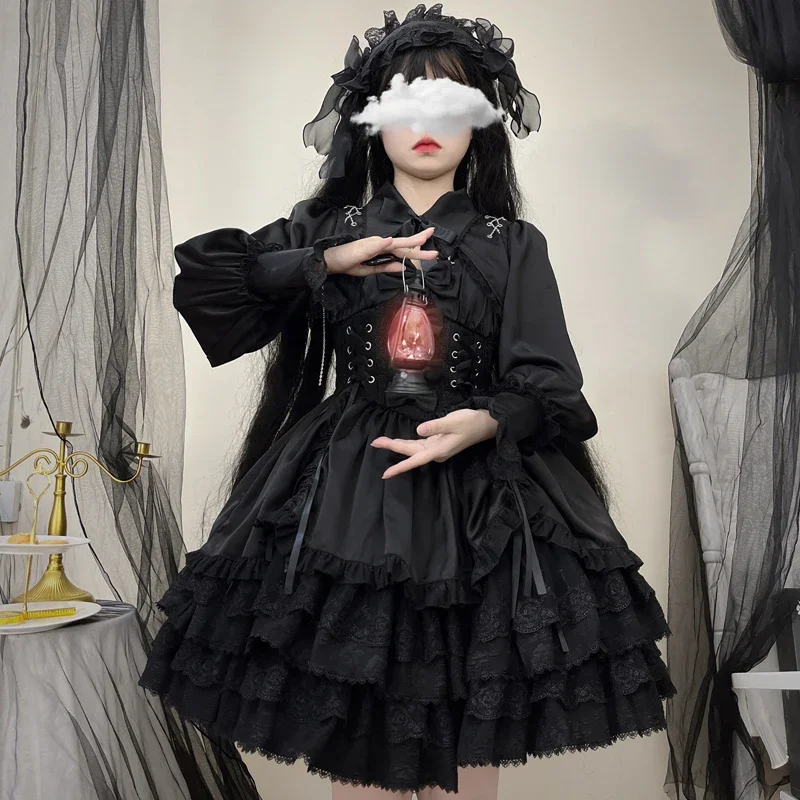 Lolita Gothic Style JSK Dress Womens 2024 Spring and Summer Sweet Girls Harajuku Black Cape Shirt Sling Strap Dress 2 Piece Set