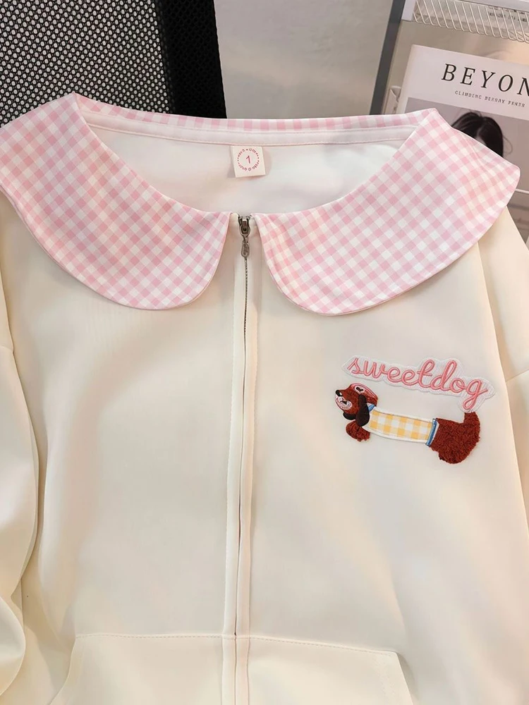 Zoki الكرتون الحلو Kawaii هوديس المرأة فضفاضة لطيف بيتر بان طوق بلوزات الخريف نمط Preppy كم طويل جديد التطريز