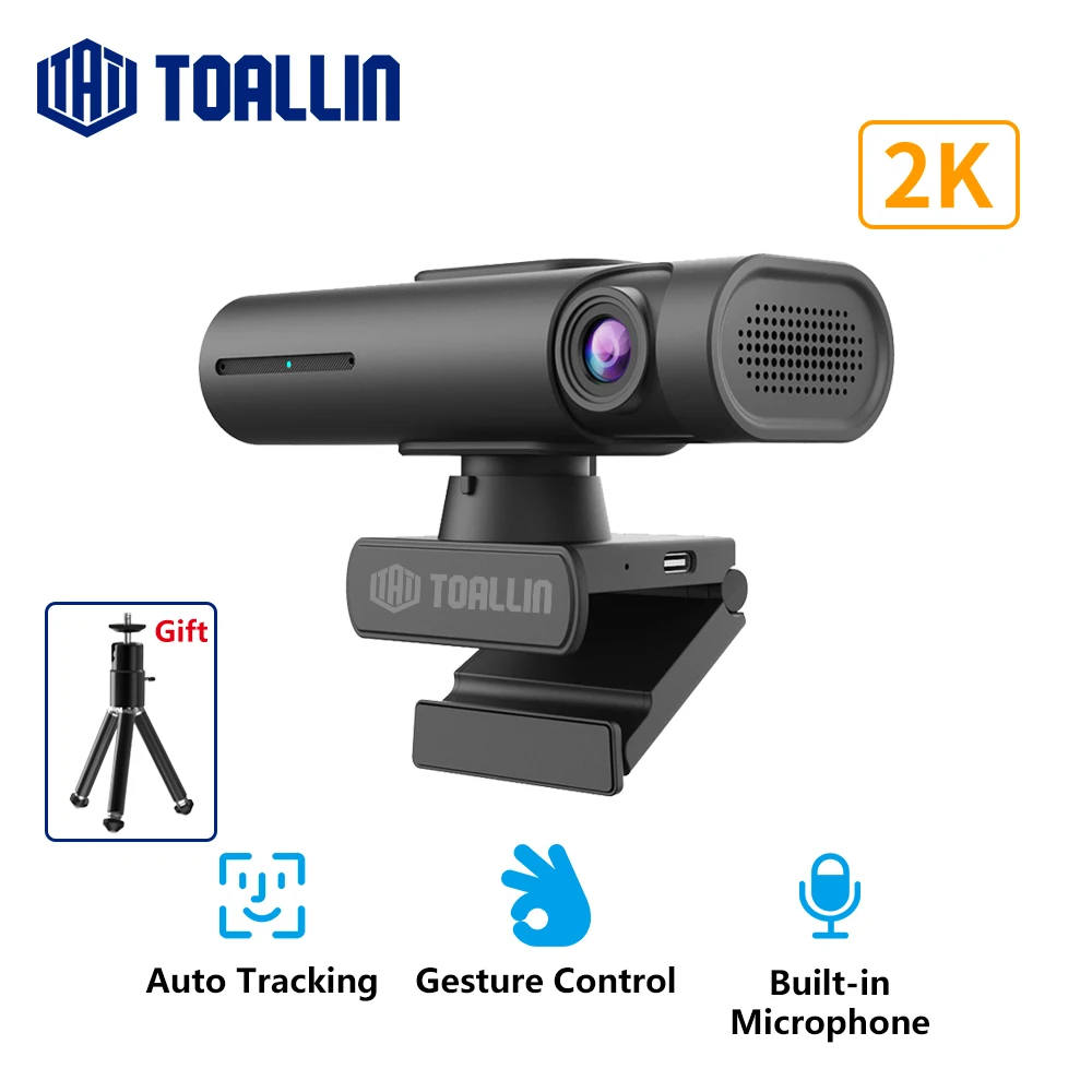 TOALLIN mini PTZ Webcam 2K Streaming Camera, AI Tracking & Auto Zoom, Gesture Control, Dual microphones, usb Pluy&Play PC Camera