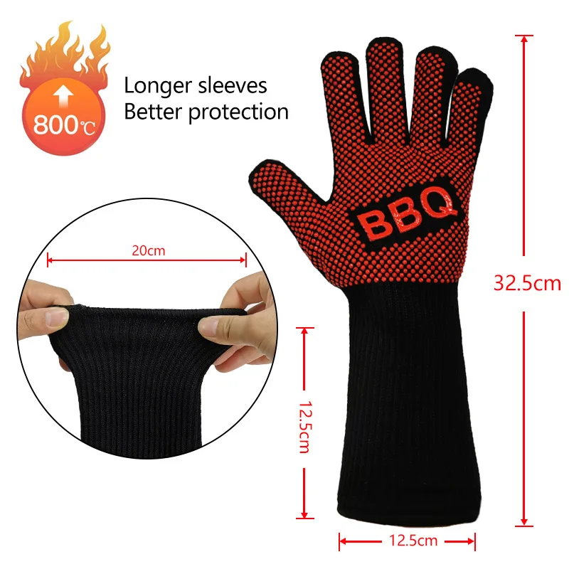 BBQ Grill Gloves High Temperature Resistance Kitchen Microwave Oven Mitts 500 800 Degree Fireproof Non-Slip Barbecue Gloves