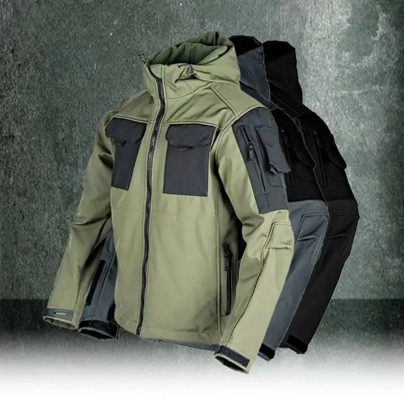 

Мужской тактический плащ из софтшелла, охотничья водонепроницаемая куртка с несколькими карманами и капюшоном, ветрозащитная, устойчивая к истиранию, теплые топы, мужские