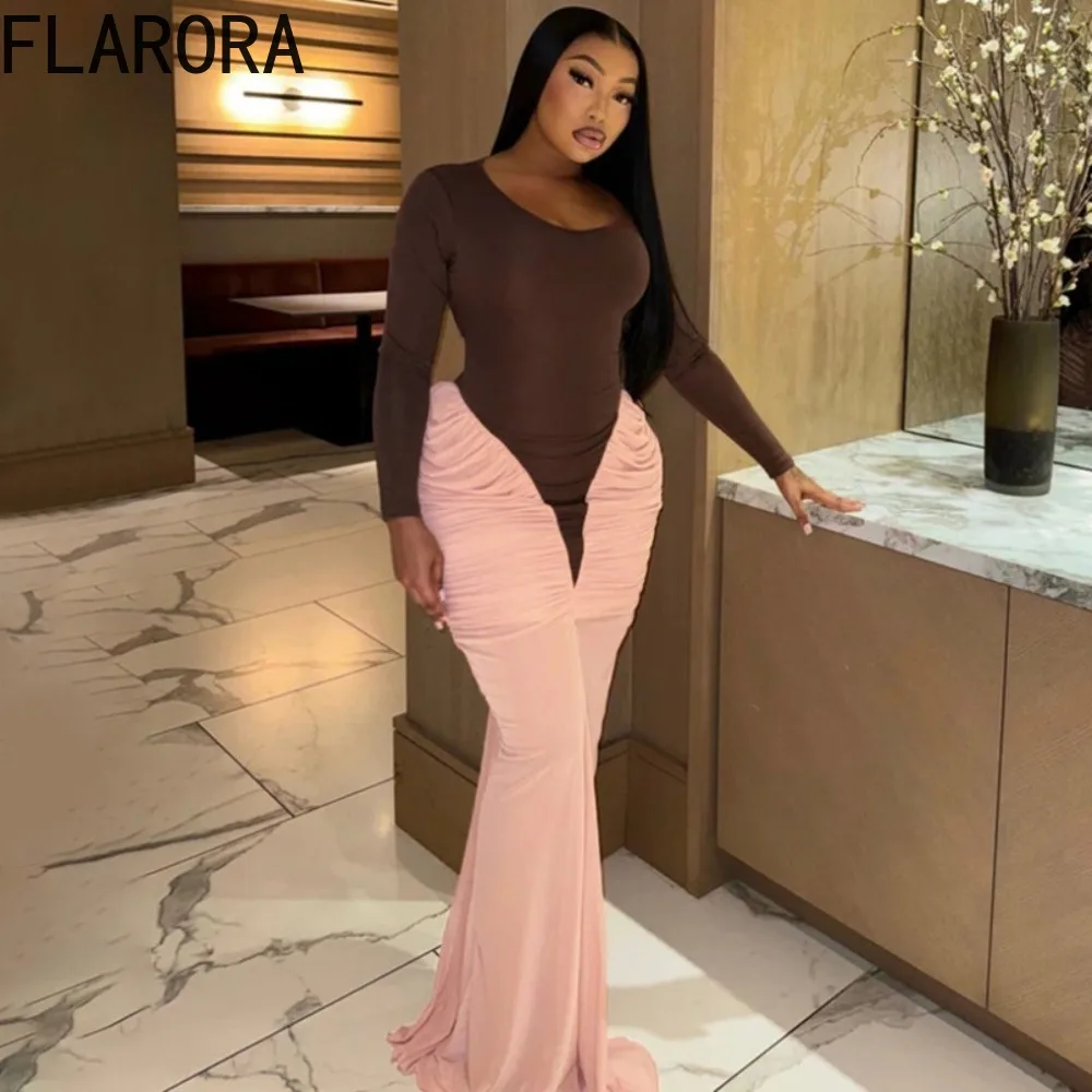 

FLARORA Elegant Evening Maxi Long Dress Woman Ruched Stacked Patchwork Long Sleeve Slim Dresses Luxury Party Birthday Vestidos