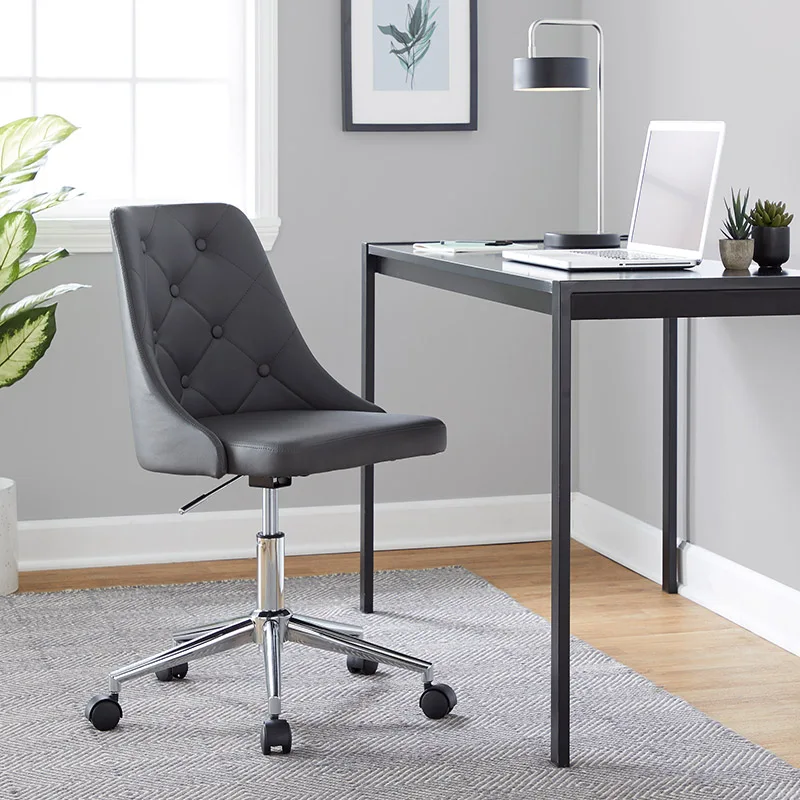 Marche Contemporary Swivel Task Chair with Casters in Chrome Metal and Grey Faux Leather by LumiSource On-Site