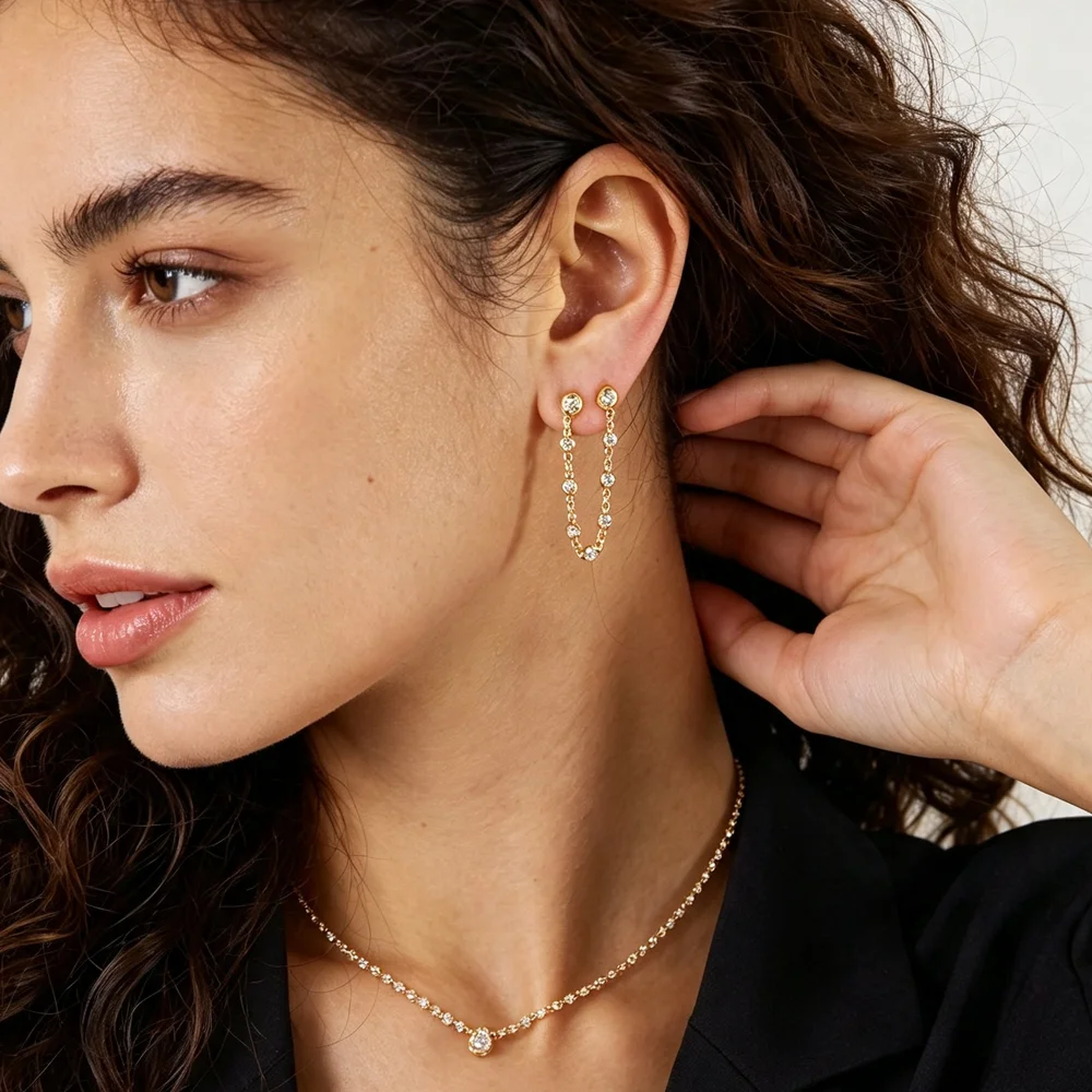 Newly launched double ear hole hanging chain earrings inlaid with round zircon long chain tassel chain women's earrings jewelry