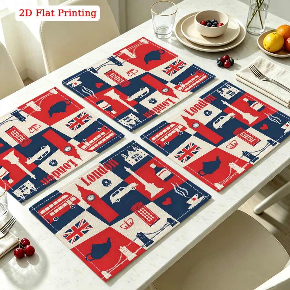 2Pcs London Theme Placemat Red Blue White British Icons Table Mat For Dining Kitchen Home Decor Food Protection 30X40Cm