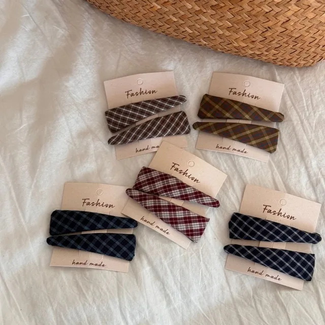 Korean sweet plaid fabric simple triangular pair clip side BB clip women's hairpin temperament versatile hair accessories 4
