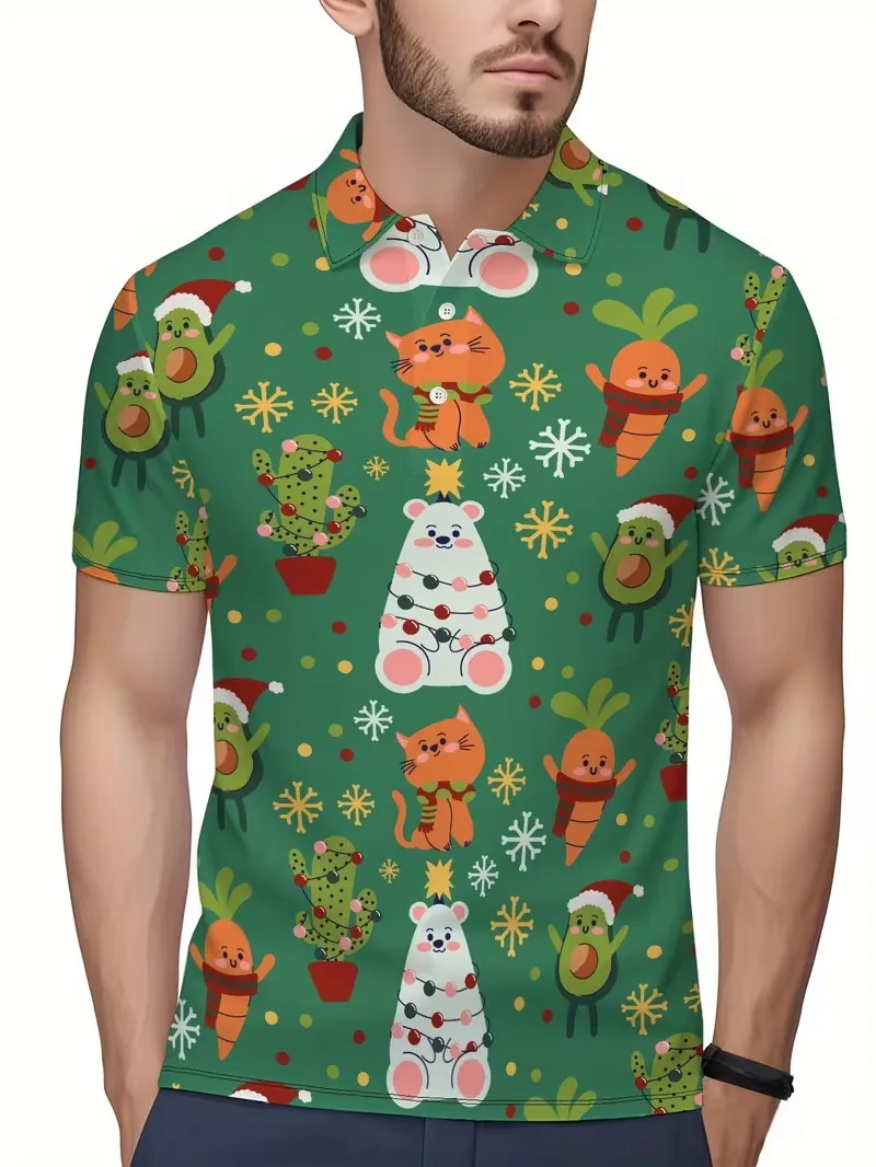 Xmas Men Polo Shirt Ugly Christmas Snowflake Bell Stocking Print Short Sleeve Polo Tee Holiday Party Casual Tops For Male