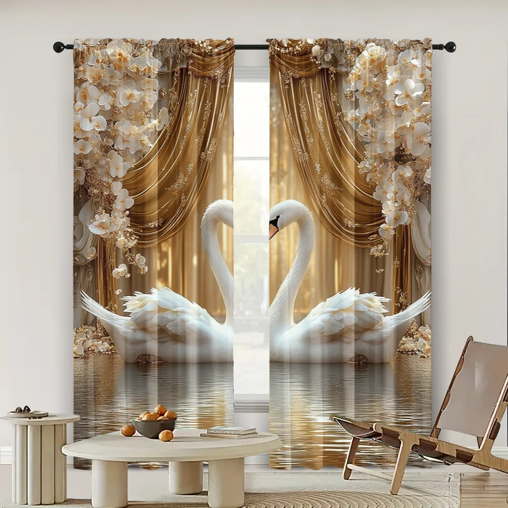 2pc,  Curtain Swan pattern Polyester,Without Electricity summer party decorations Applies to Bedroom living room