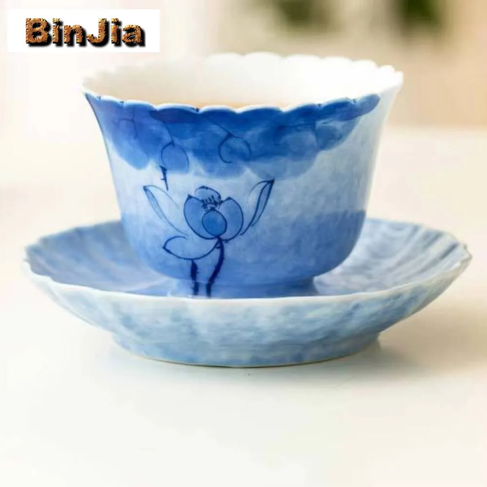 2 قطعة/مجموعة الوقايات اللوتس الزرقاء المرسومة يدويًا لأكواب القهوة المنزلية العزل الحراري المفارش شاي بالأعشاب المزهرة اكسسوارات هدية