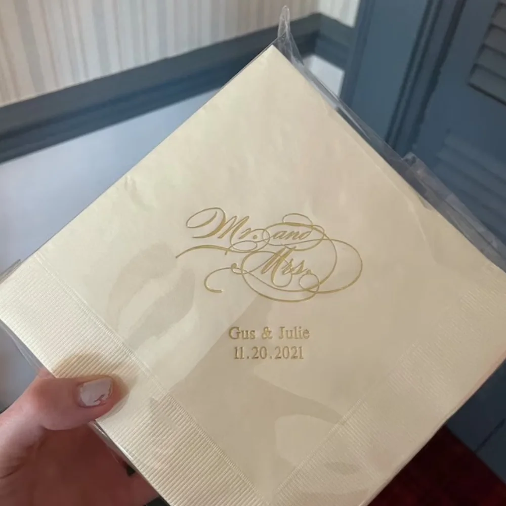 Printed Wedding Napkins, Mr and Mrs, Script, Anniversary, Vow Renewal, Cocktail, Luncheon Dinner, 50 Pcs