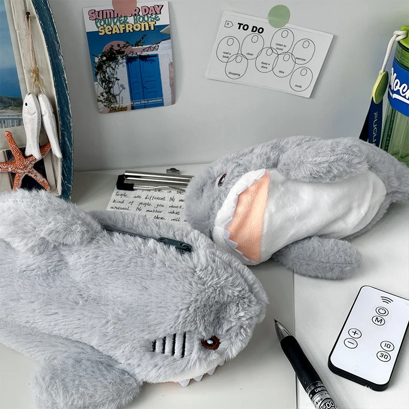 Large Capacity Pen Pouch Stationery Storage Box Cute Plush Ocean Shark Pencil Case Portable Cosmetic Bag School Office Supplies