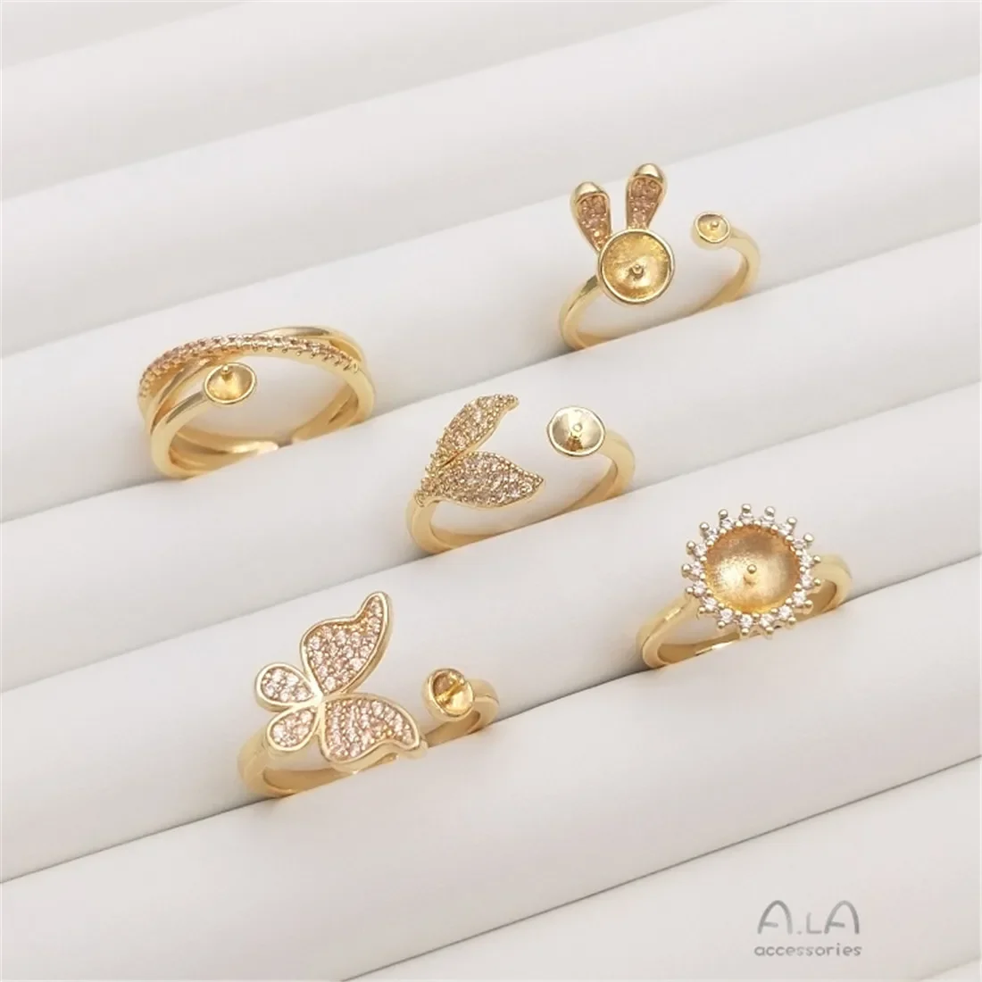 14K Gold Wrapped Crystal Pearl Set Ring with Zircon Butterfly Fishtail Ring Advanced Handmade Adhesive Bead Set B684