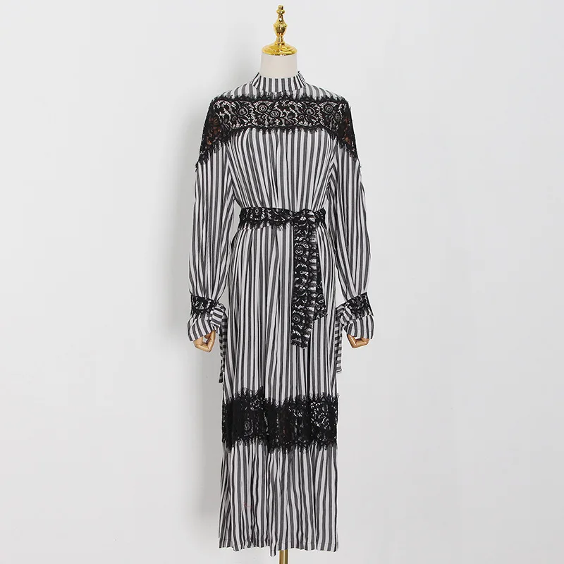 ZAMOR Women's Australian Niche Dress 2026 Summer New Sexy Big Hem Patchwork Unique Belted Slim Fit Striped Maxi Dress
