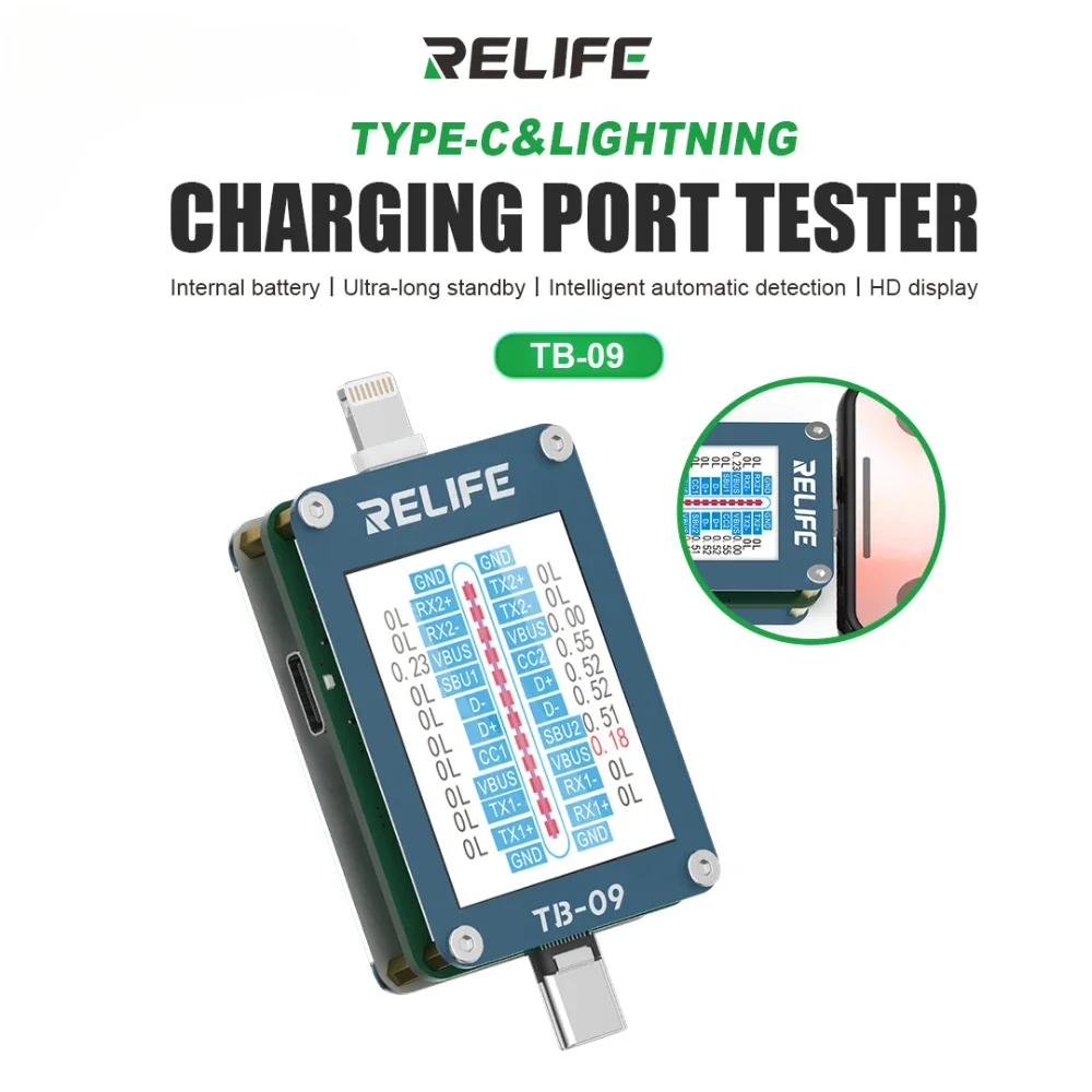 RELIFE TB-09 Charging Port Tester Tail Plug Dock Support Lightning and Type-C interface devices for IPhone HUAWEI Samsung XM