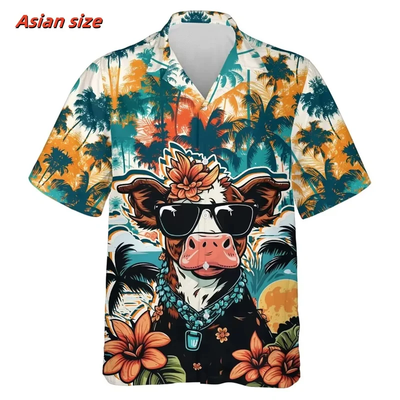 

Cool Sunglasses Cow Pattern Hawaiian Shirt For Men Flower Leaf 3D Printed Short Sleeve Tops Casual Lapel Aloha Shirts Blouses