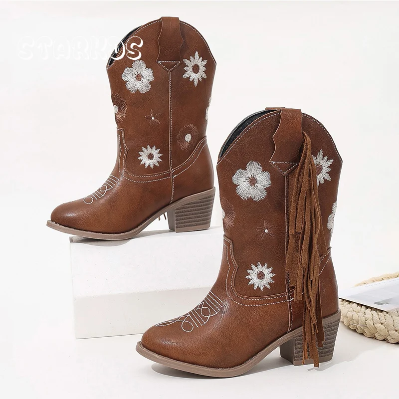 Floral ocidental joelho botas altas meninas qualidade premium deslizamento-on franja cowboy botas longas crianças outono salto alto ponto dedo do pé