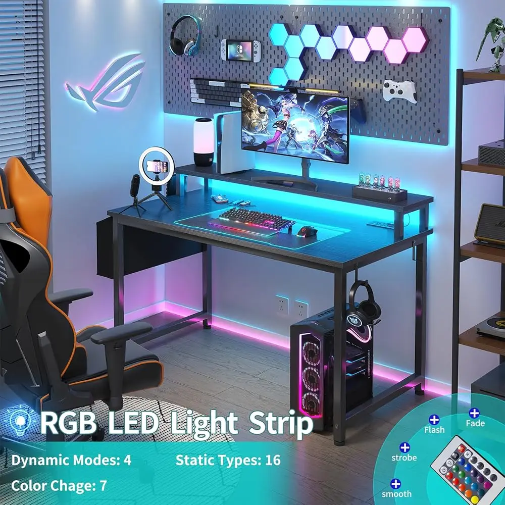 Bla Gaming Desk With Led Lights And Power Outlets, 40 H Teen Writing Study Table Home Office Desks With Monitor Stand, Computer