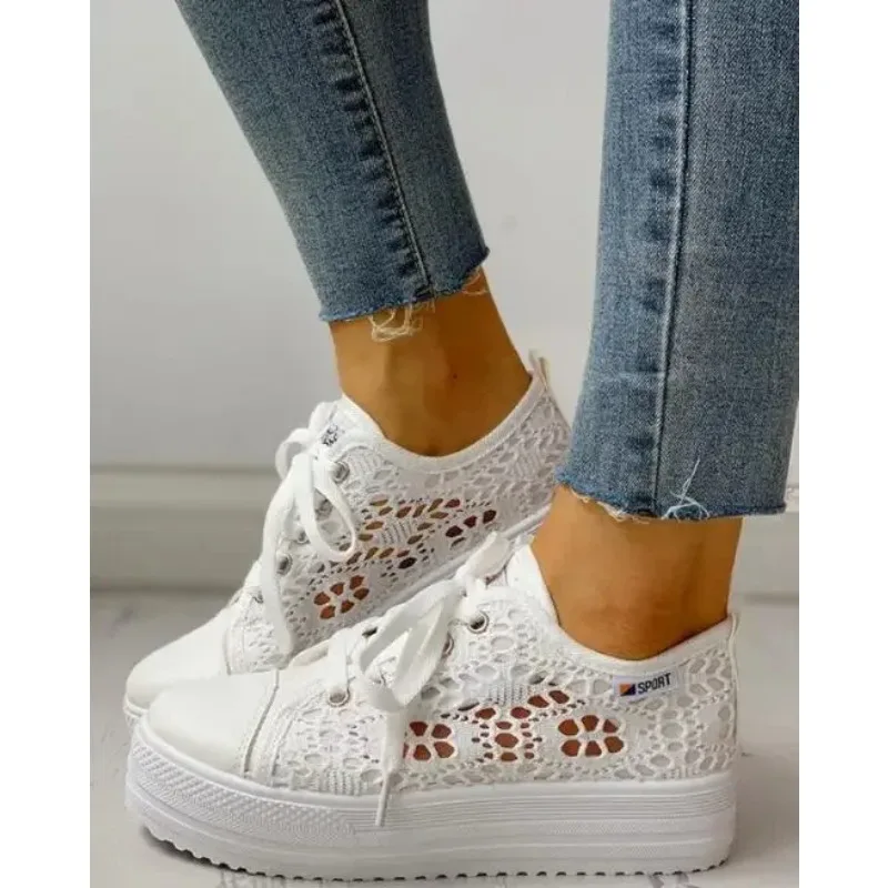 Women Shoes 2024 Fashion Summer Casual White Shoes Cutouts Lace Canvas Hollow Breathable Platform Flat Shoes Woman Sneakers