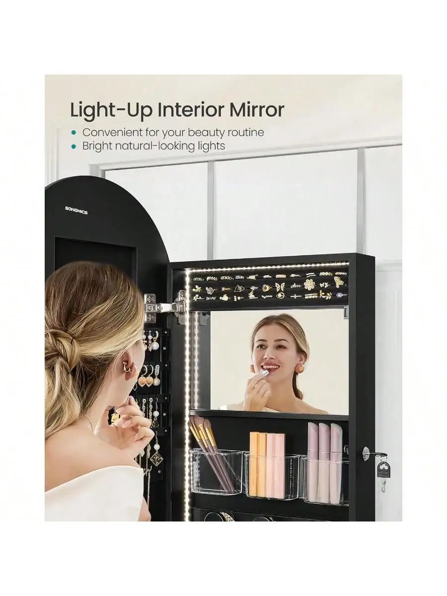 SONGMICS Wide Jewelry Organizer, LED Jewelry Cabinet Wall/Door Mounted, Arched Mirror with Storage, Lockable, Rounded Corner
