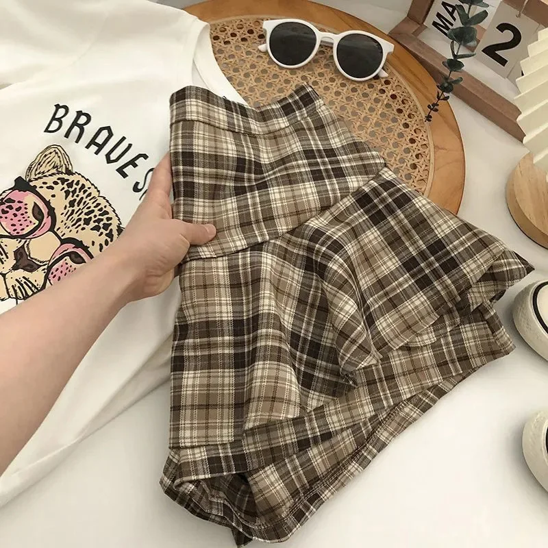 Women Sweet Plaid Ruffled Culottes Fashion High Waisted Slim Shorts Summer Korean Vintage Preppy Style Irregular A Line Shorts