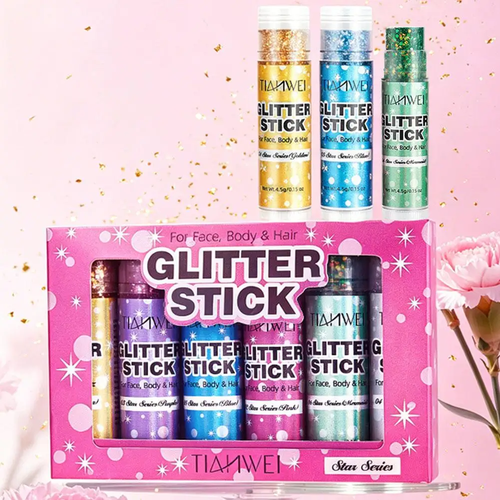 Sparkling Sequins Glitter Gel Stick Body Hair Cosmetic Glitter Gel Long Lasting Festival Makeup  6-Pack Glitter Stick Set