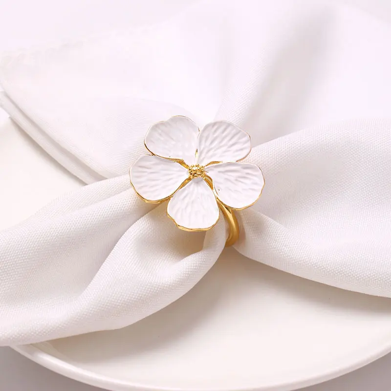 New Painted White Flower Napkin Ring White Oil Flower Botanical Napkin Ring Buckle Five Petal Flower Plum Flower Napkin Ring