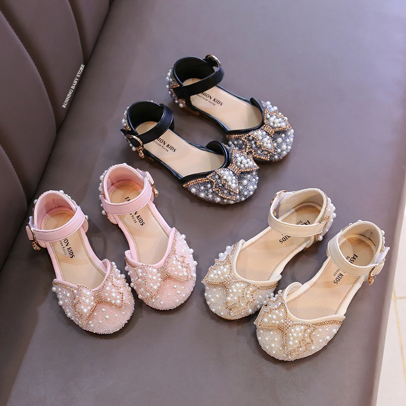 Girls Sandals Fashion Princess Shoes Spring Summer Bling Pearl Sequins Flat Sandals Simple Children Shoes Party Wedding
