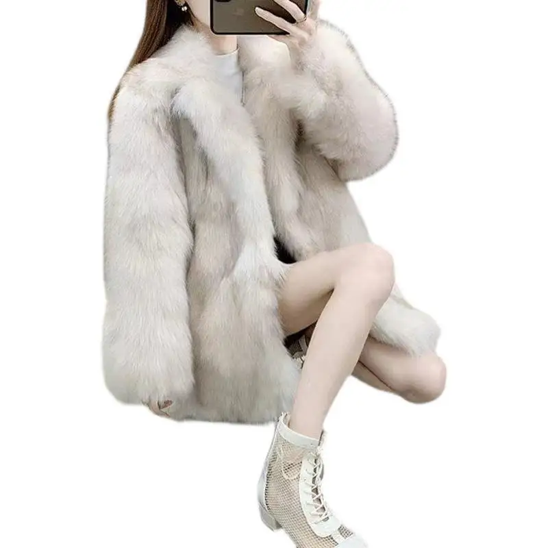 Pockets Women Imitation Mink Fur Mid-Long Thicken Jacket Slim Plush Coat High Quality Women Clothing New Fashion Autumn Winter