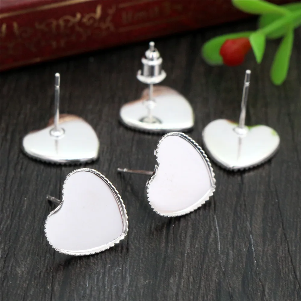 12mm 20pcs Silver Color Bronze Gold Color Heart Earring Studs,Earrings Blank/Base,Fit 12mm Glass Cabochons;Earring Bezels