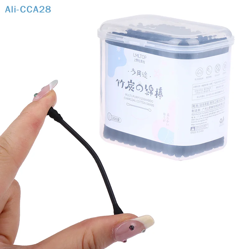 200pcs Disposable Cotton Swab Spiral Ear Cleaner Black Double Heads Medical Swab Lipstick Eyebrow Eyelash Cotton Bud Makeup Tool