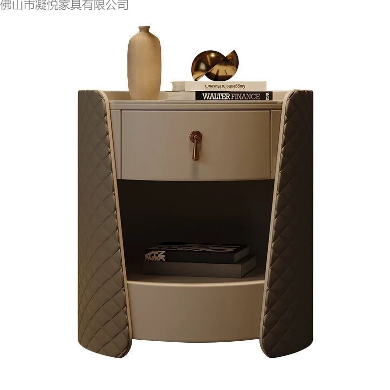 Designer's new round bedside table, simple Italian light luxury bedroom, leather rock slab premium