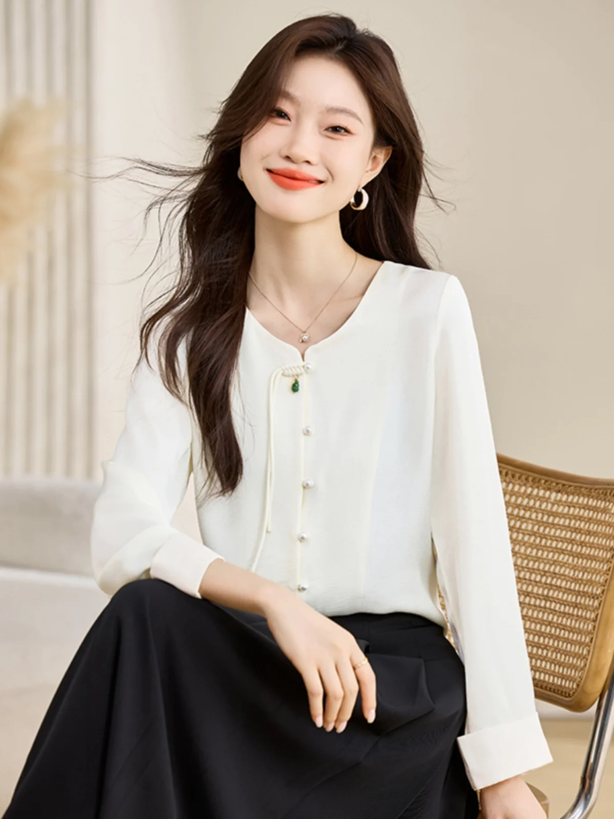 

New Chinese Sle Women's Long Sve Chiffon irt Autumn 2024 Button up High Collar Traditional Embroidery Faionable Top