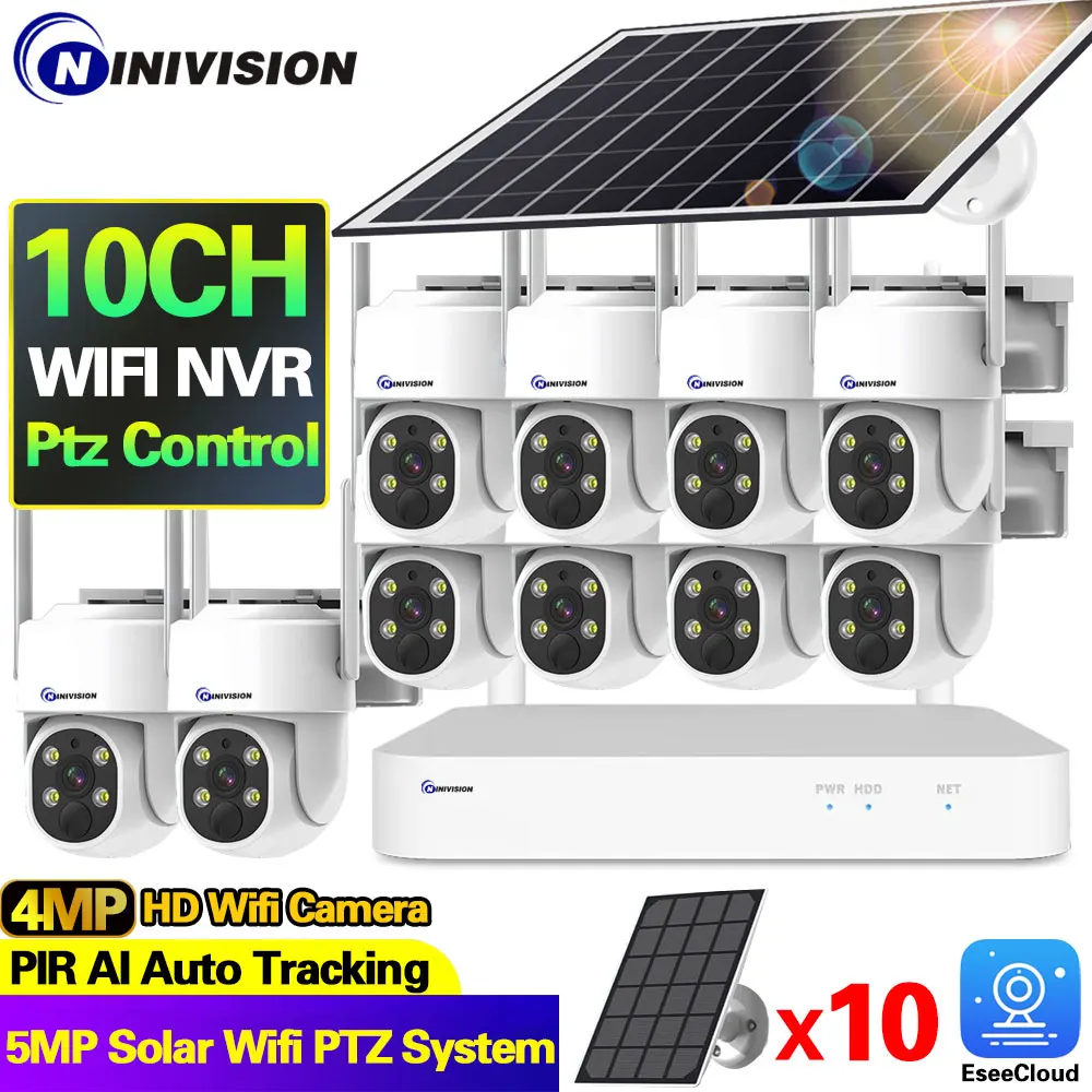 10CH 5MP WiFi NVR 4MP Solar Powered Wireless Camera Kit Remote Access Built-in Battery Low Power Consumption Network CCTV Camera