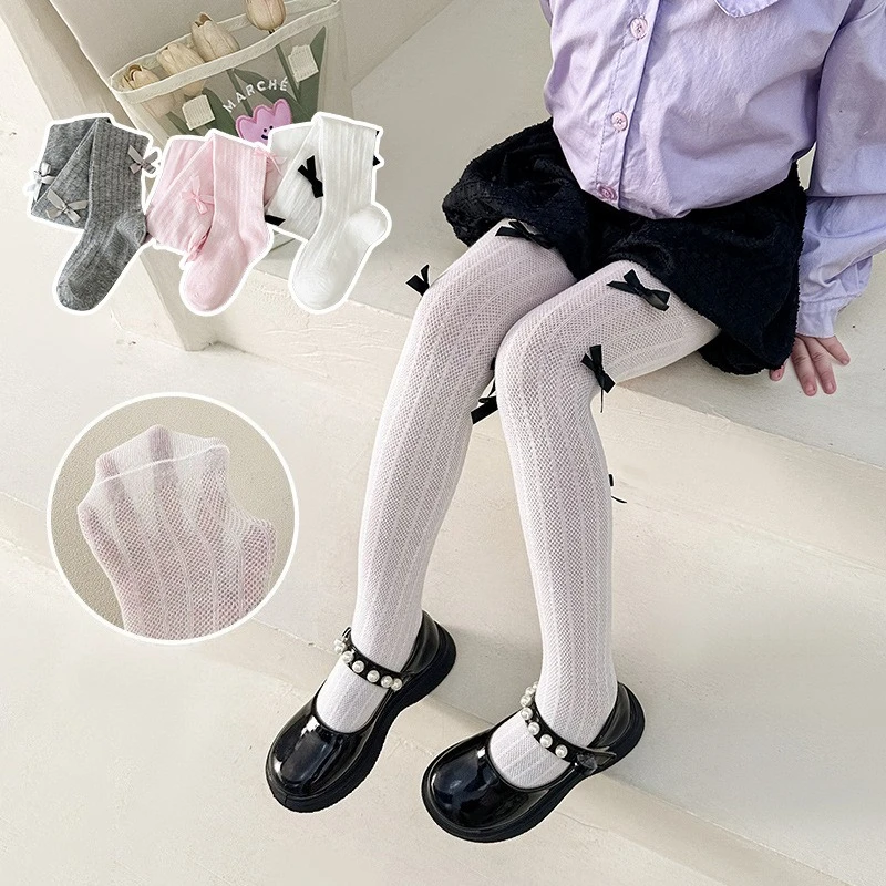 Kids Girl Lolita Tight Socks with Bow Design Summer Cotton Vertical Striped Pantyhose Ballet Style Fashion Baby Socks for Girls