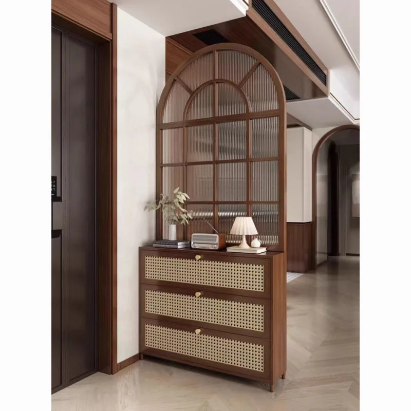 

French retro Changhong glass solid wood screen entry door shoe cabinet partition living room bathroom bedroom shelter integrated