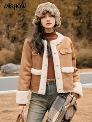 MISHOW Women's Lamb Wool Coat 2024 Winter Vintage Loose Lambswool Crew Neck Fur Integrated Jackets Female Outwears MXC57W0223