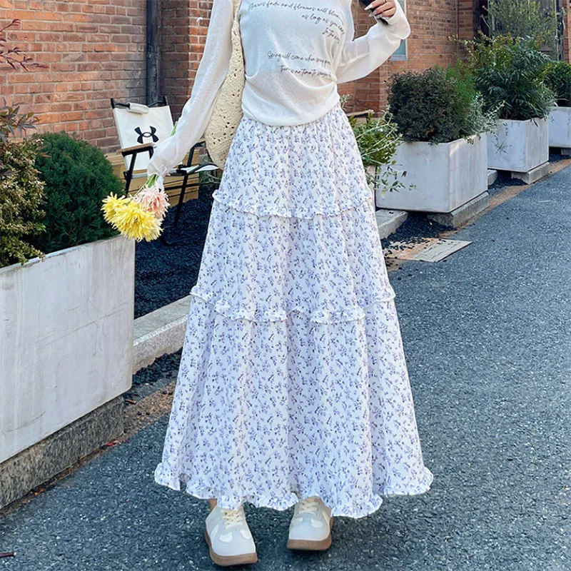 Summer Women Patchwork Ruffles Long Skirts Vintage Y2K Printed Floral Maxi Skirts Female Elegant Chic High Waisted A-Line Skirt