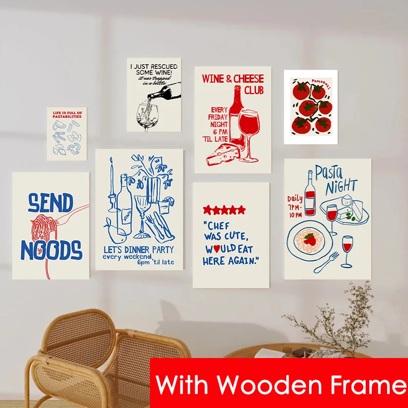 Oprawione kolorowe makaron pomidorowy kieliszek do czerwonego wina estetyczny plakat Retro jedzenie płótno malarstwo kuchnia restauracja ściana sztuka Home Decor