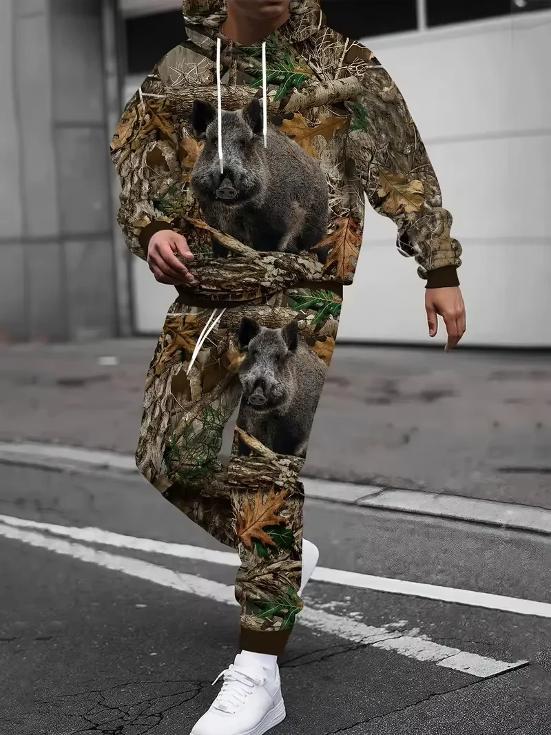 위장 무늬 멧돼지 동물 3D 프린트 후드티 바지 세트 남성용 스웨트셔츠 스웨트팬츠 투피스 수트 트랙수트 남성 의류