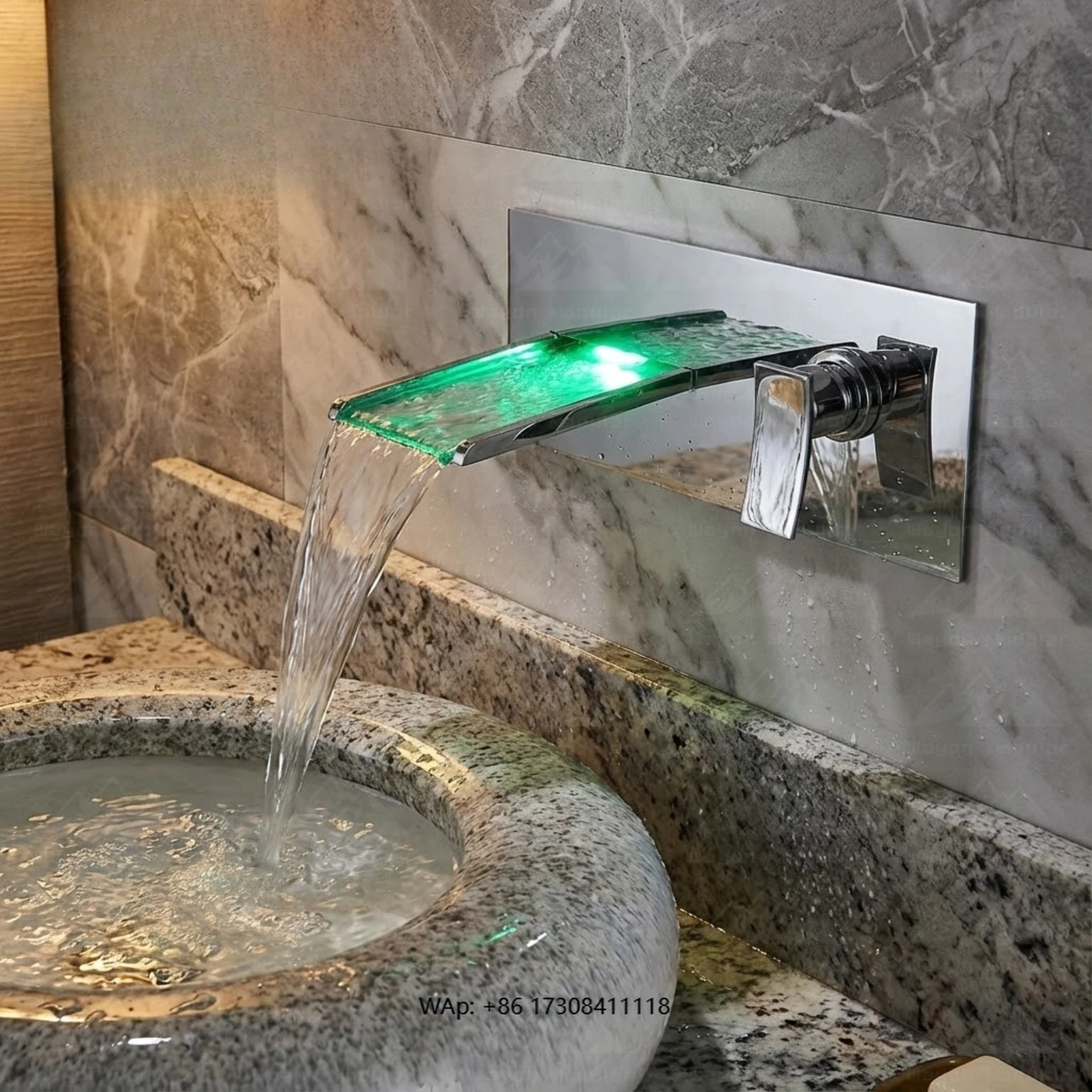 

Beautiful Modern Wall Mounted LED Water Flow Waterfall Bathroom Faucet Glass Sprinkler Mixer