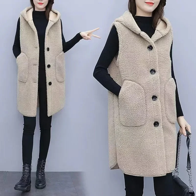 Große Größe Weste Mantel Weibliche Herbst Winter Fett Schwester Neue Wolle-ähnliche Ärmellose Jacke Mode Lange Weste Mode Frauen tops