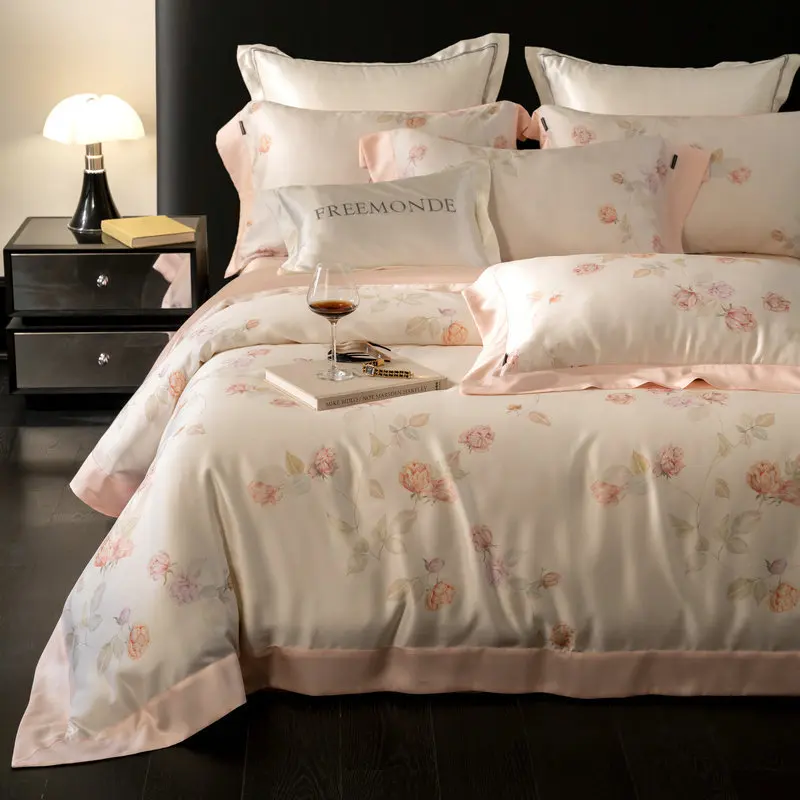 100 Lanjing Tencel 4-piece Rural Digital Printed Flower Laisel Quilt Set Cool Ice Silk Bare Sleeping Bedding