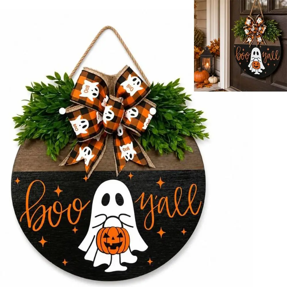 Ghost Wooden Hanging Door Sign Round Hanging Welcome Door Hanger Welcome Theme Solid Wood Door Sign Wreath