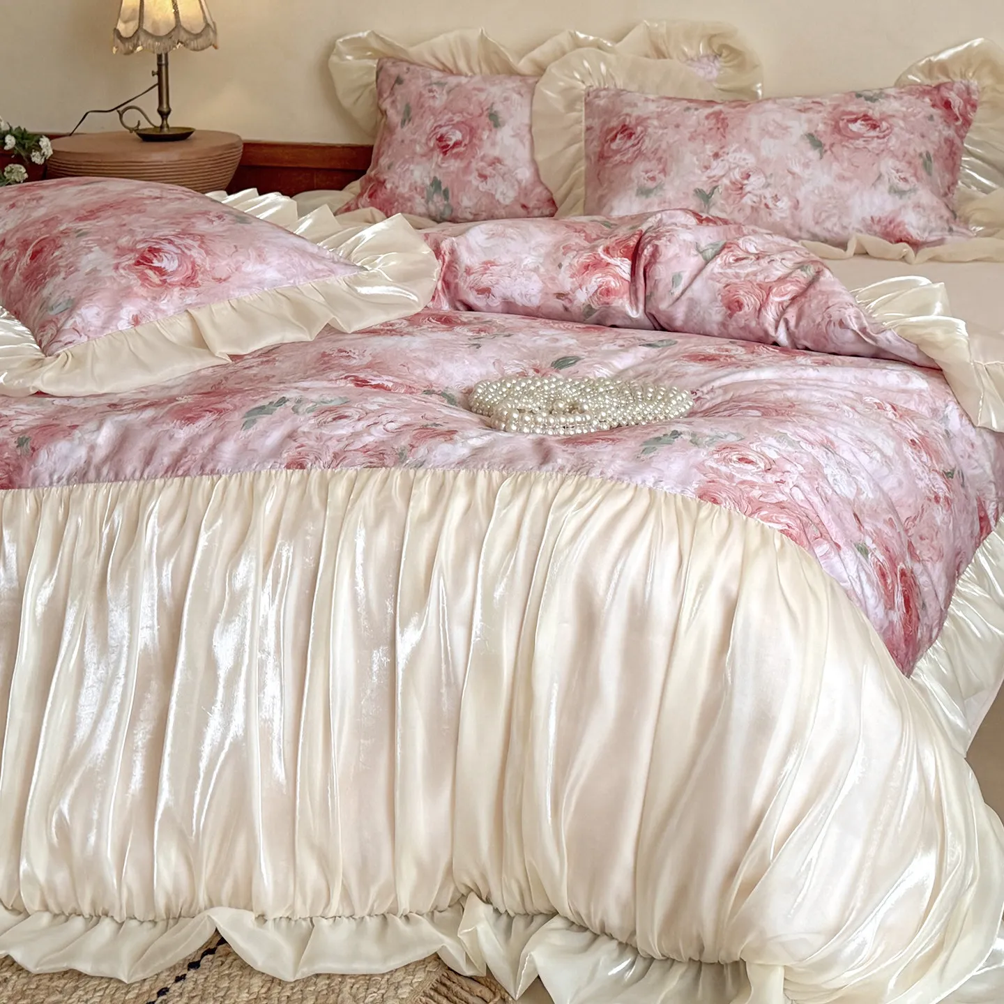 

Vintage French Oil Painting Aesthetic 100% Long-staple Cotton Bedding Set – Princess Cotton Soft Sheets with Organza Lace Trim