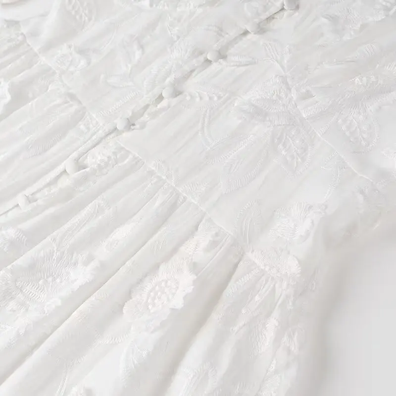 Jenny&Dave French Minimalist Short Sleeve Elegant Lace Maxi Dress Vestidos Embroidered White Single Breasted Dress Women