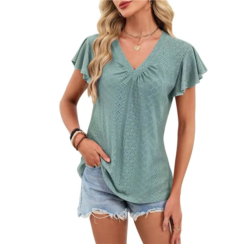 

CYL-Womens Summer Tops Ruffle Short Sleeve T Shirts V Neck Eyelet Tunics Casual Loose Tee